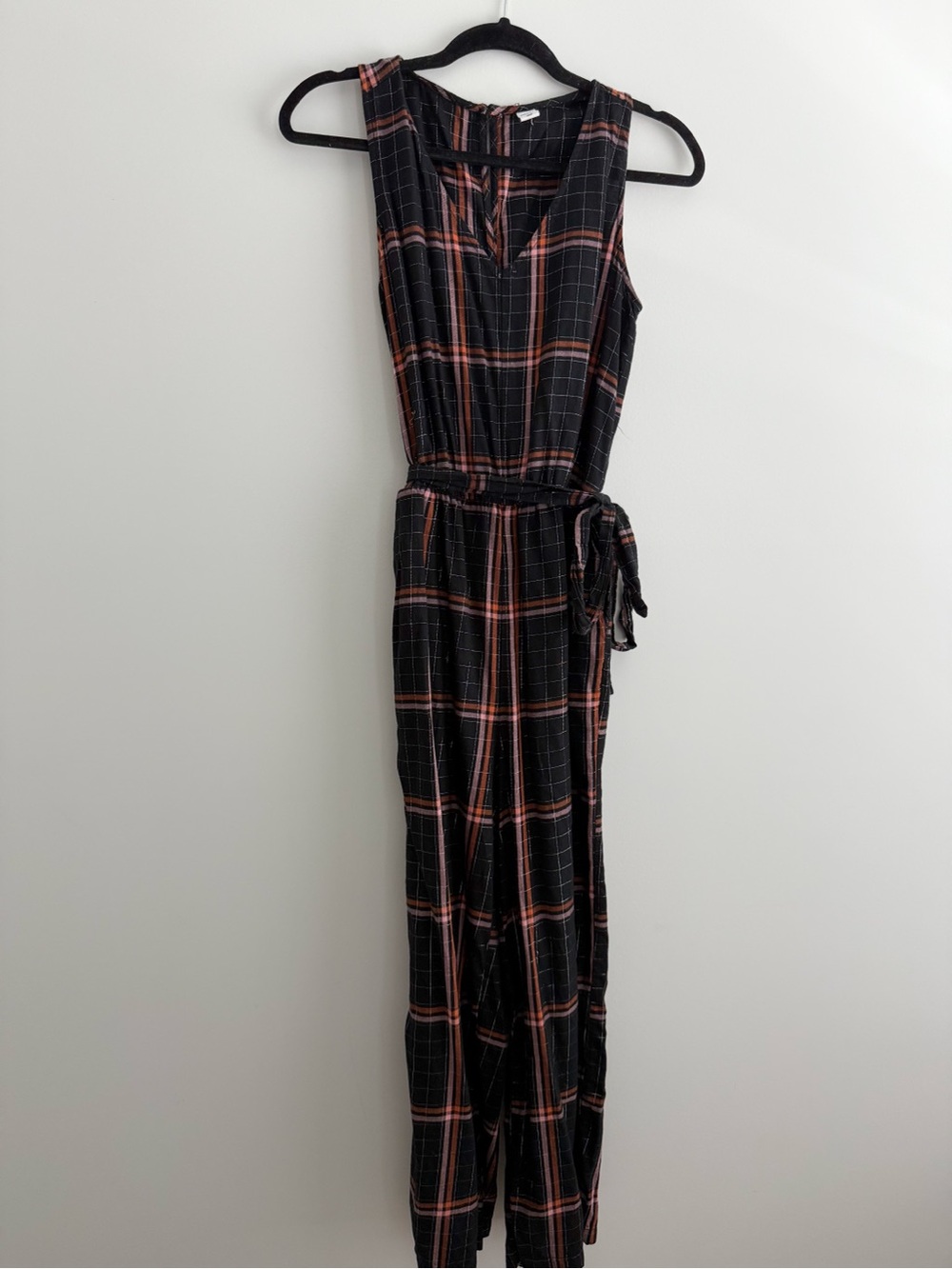 Sleeveless Black Plaid Jumpsuit with Rust/Pink Accent